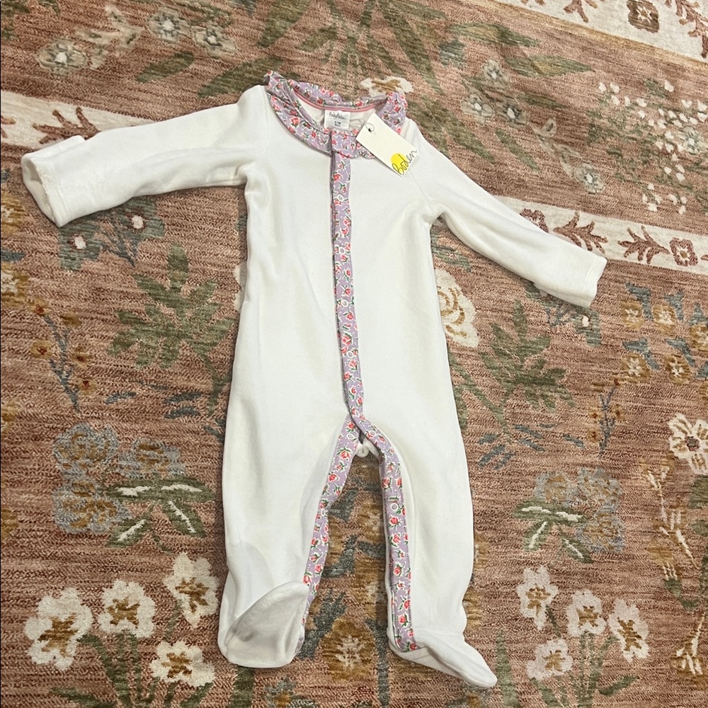 Baby Boden White One Piece with Pink Floral Trim
